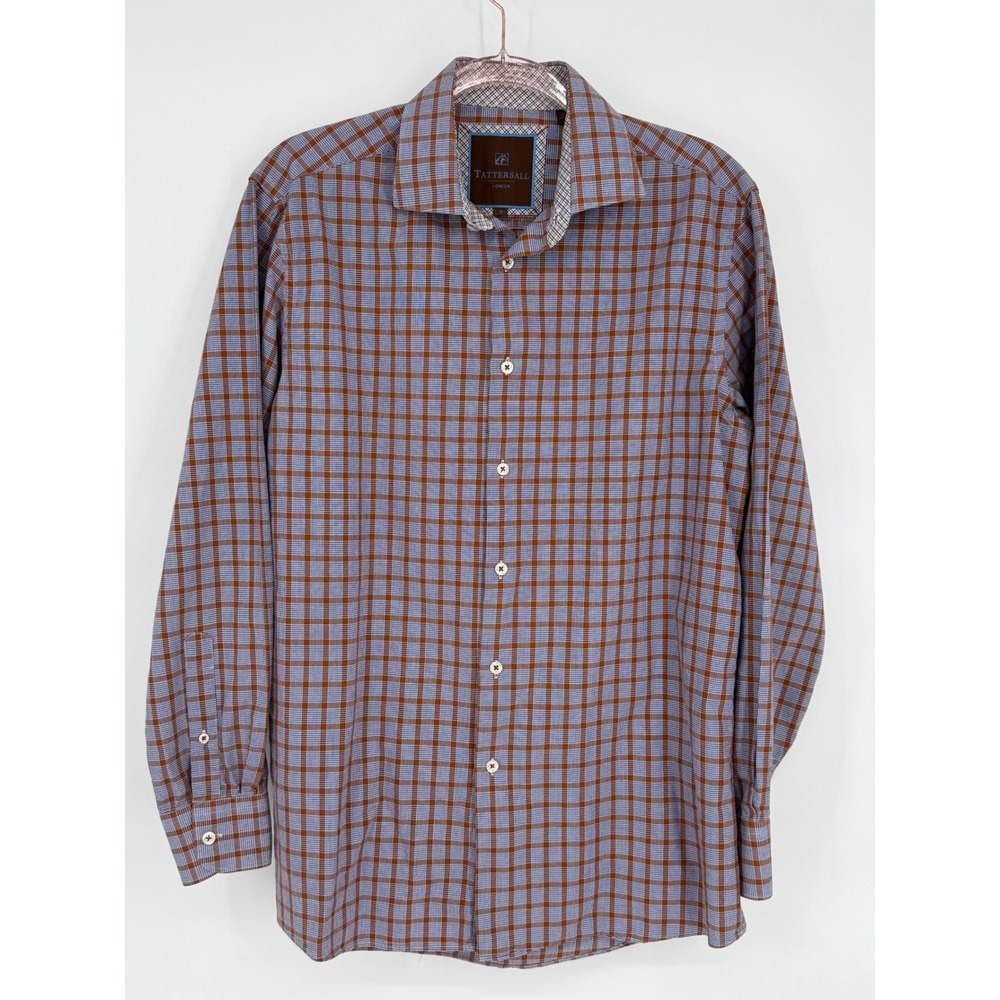 Tattersall Plaid Long Sleeve Button Down Shirt Men's Style Sz 16‎ Brown Blue